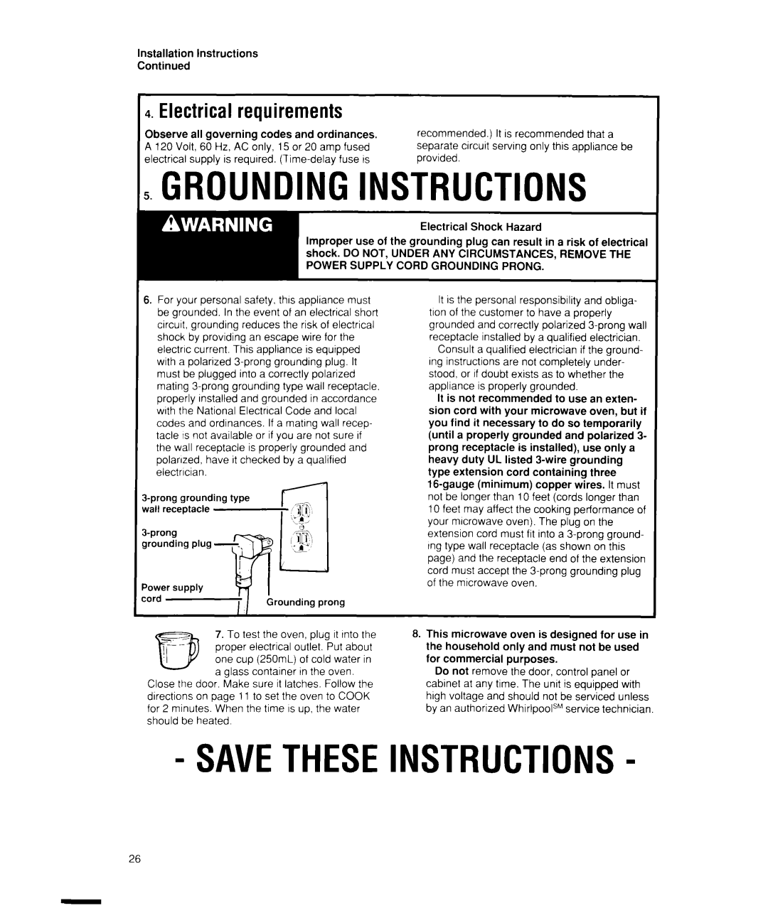 Whirlpool MW7400XW manual 5GROUNDING.INSTRUCTIONS, Electrical requirements 