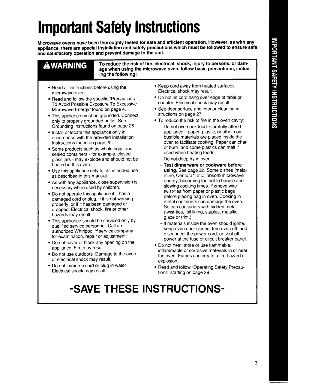 Whirlpool MW7400XW manual ImportantSafetyInstructions 