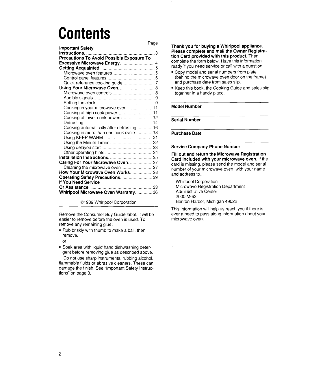 Whirlpool MW7400XW manual Contents 