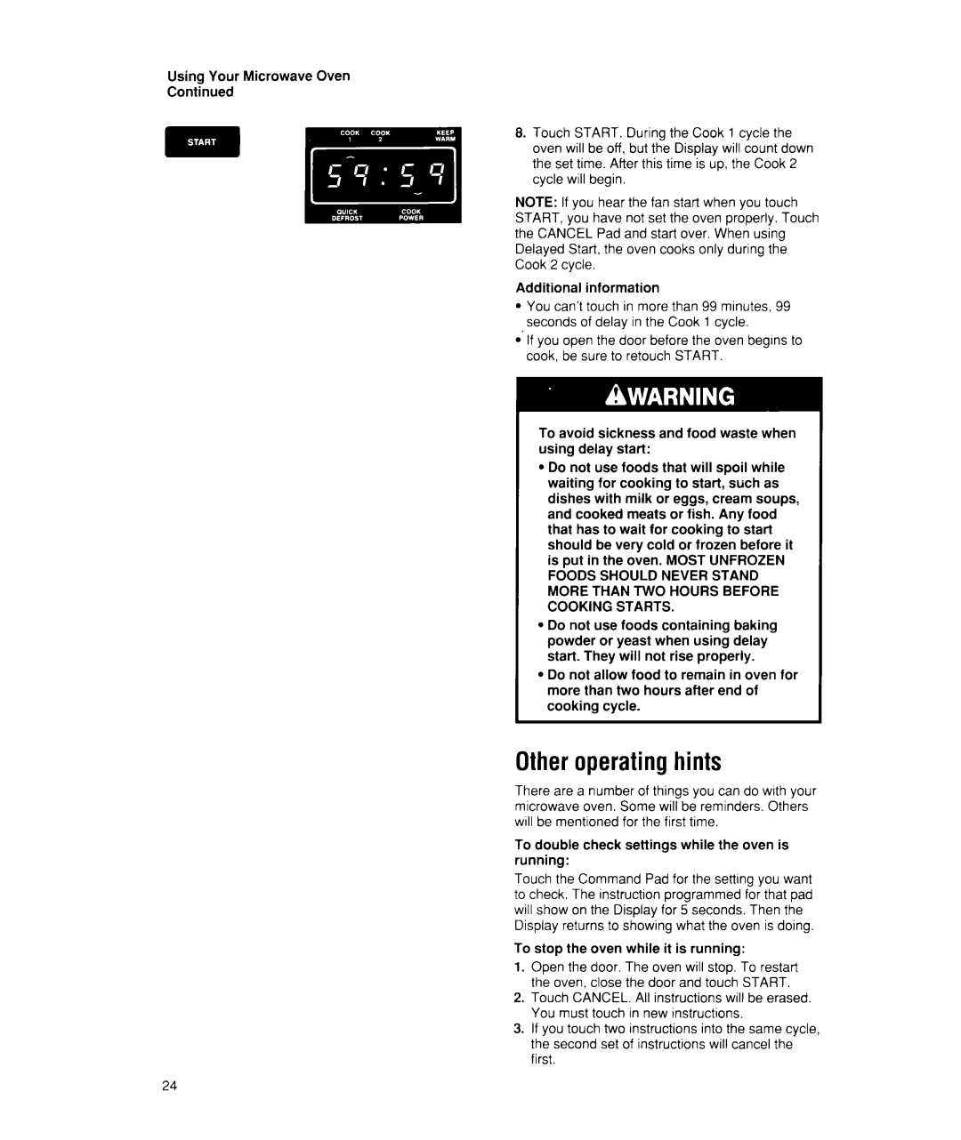 Whirlpool MW7400XW manual Other operating hints 