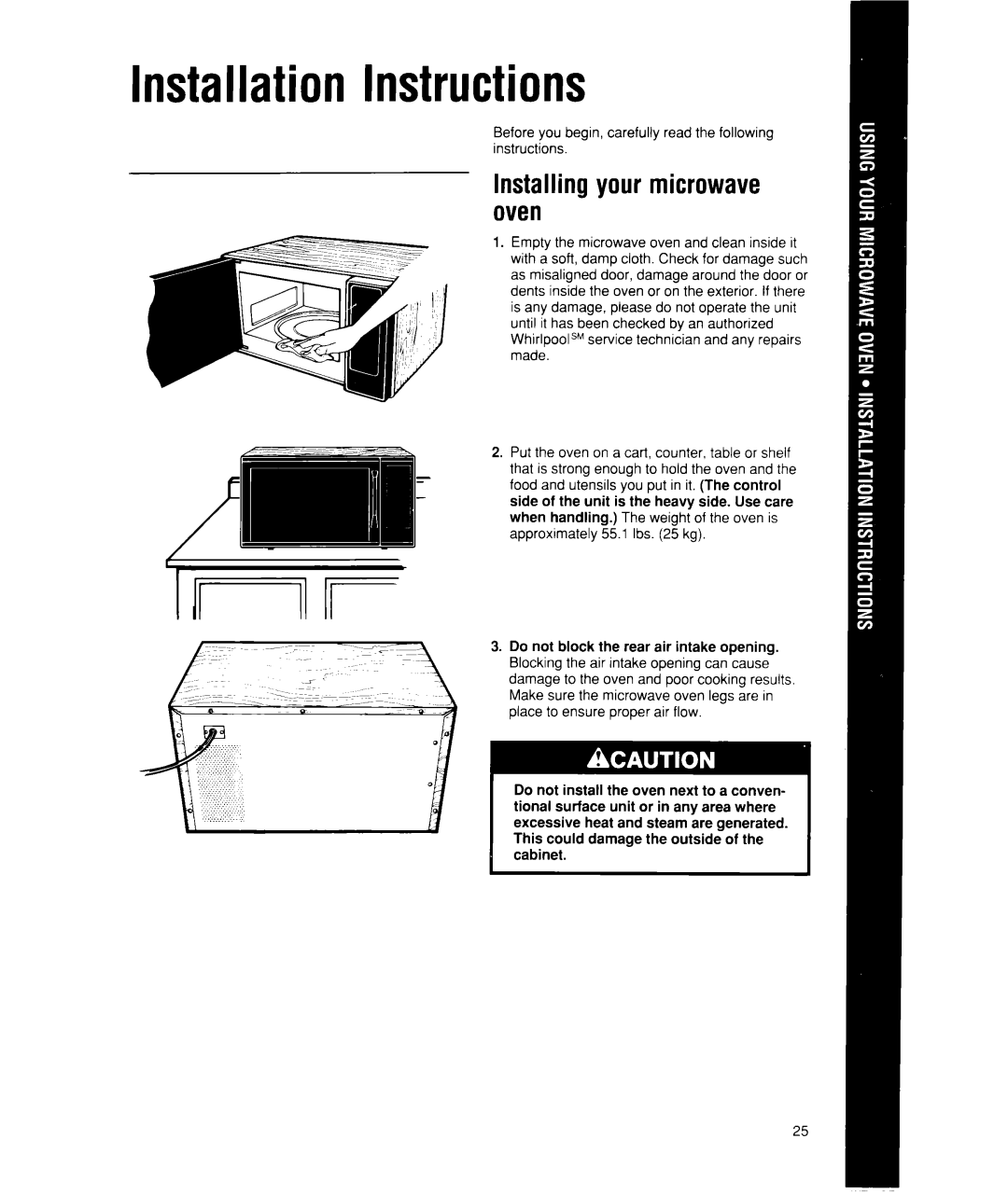 Whirlpool MW7400XW manual Installation Instructions, Installing your microwave oven 