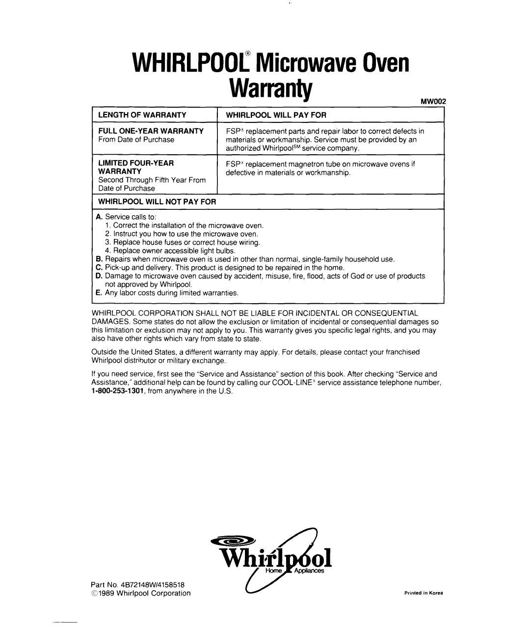 Whirlpool MW7400XW manual WHIRLPOOLMicrowaveOven Warranty 