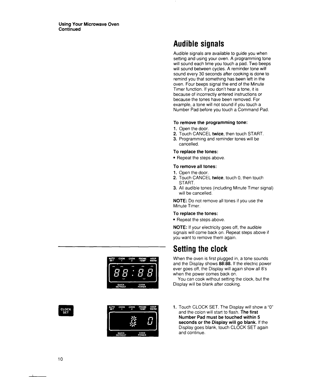 Whirlpool MW7500XW manual Audible signals, Settingthe clock, Using Your Microwave Oven 