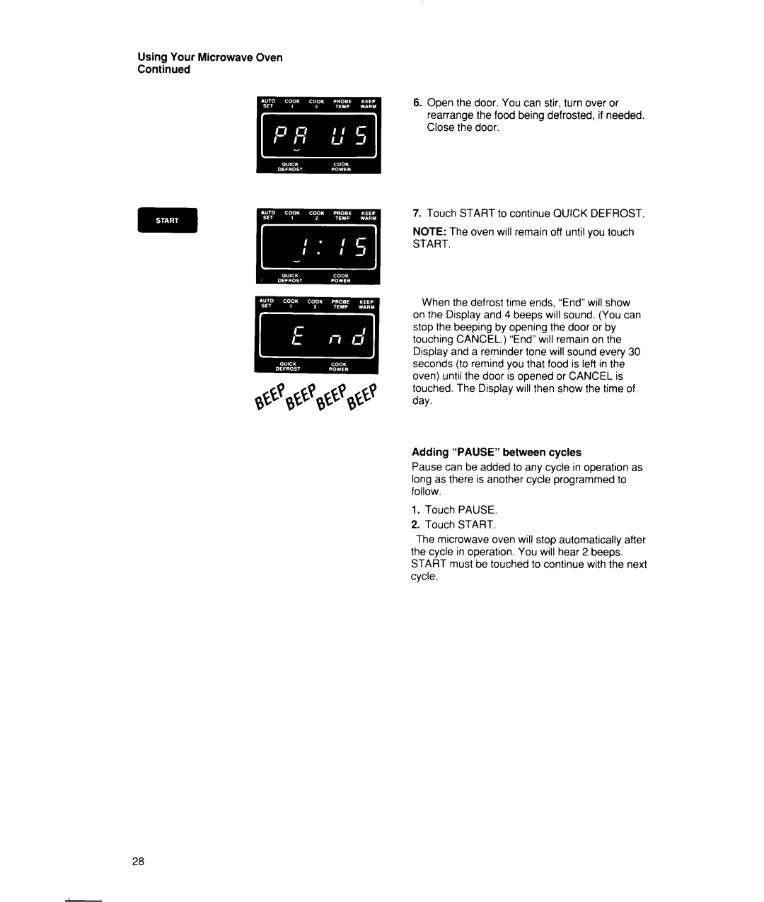 Whirlpool MW7500XW manual Start 