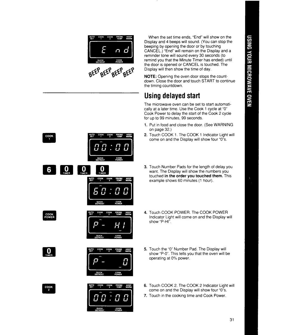 Whirlpool MW7500XW manual Usingdelayedstart, Touch in the cooking time and Cook Power 