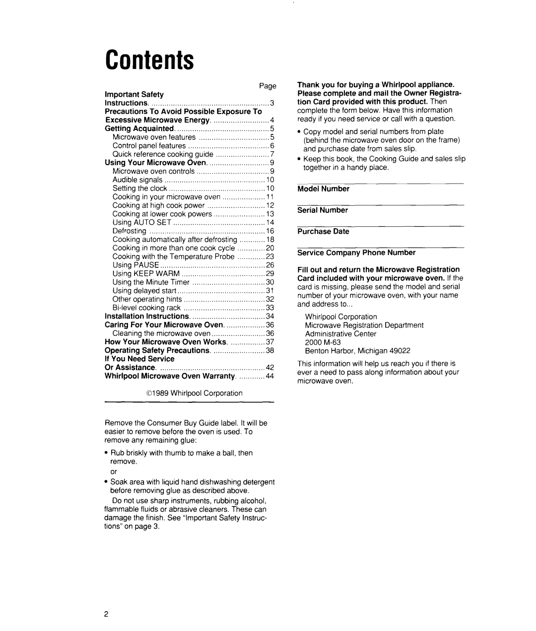 Whirlpool MW7500XW manual Contents 