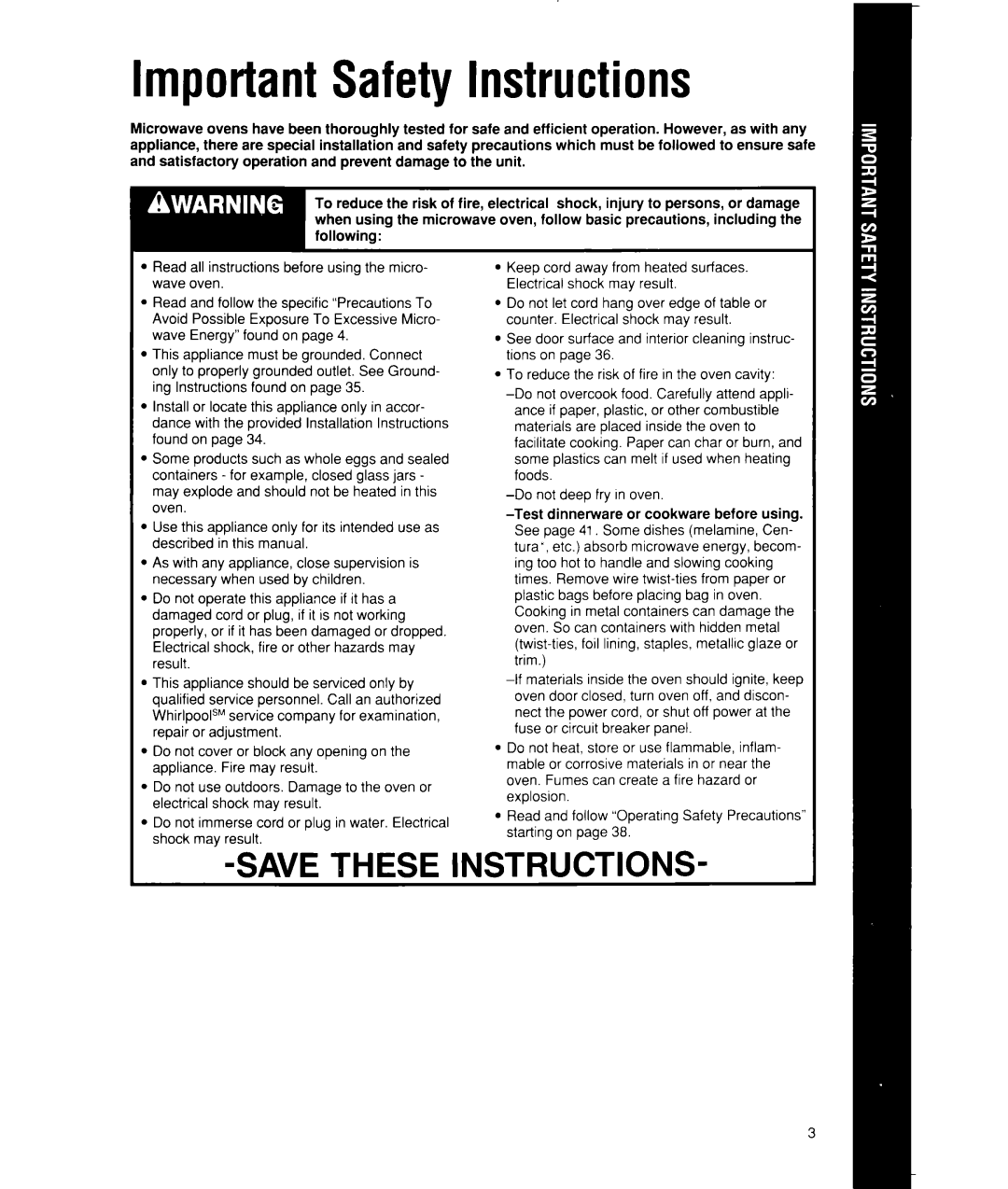 Whirlpool MW7500XW manual ImportantSafetyInstructions, Savethese Instructions 