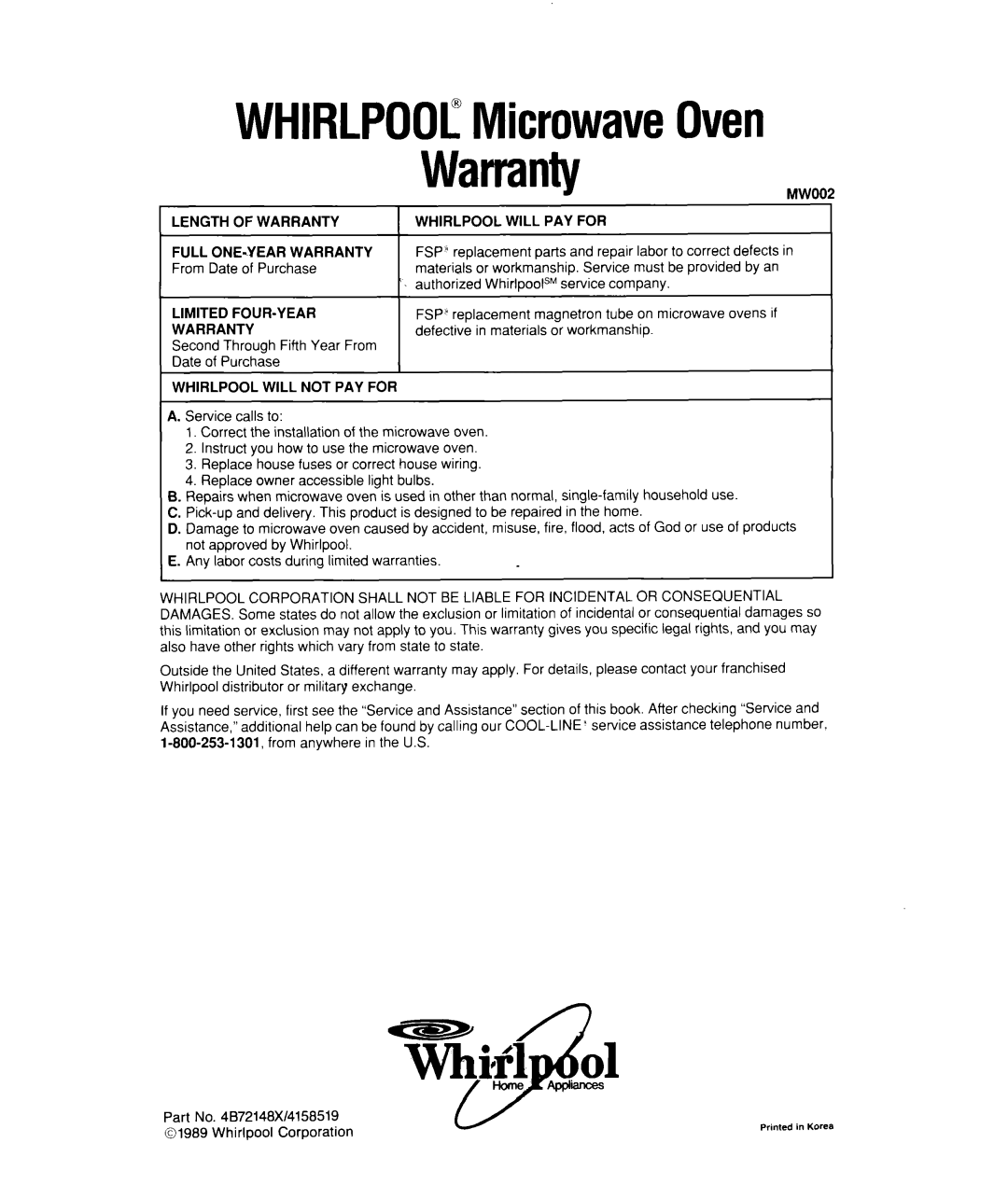 Whirlpool MW7500XW manual WHIRLPOOLMicrowaveOven Warranty 