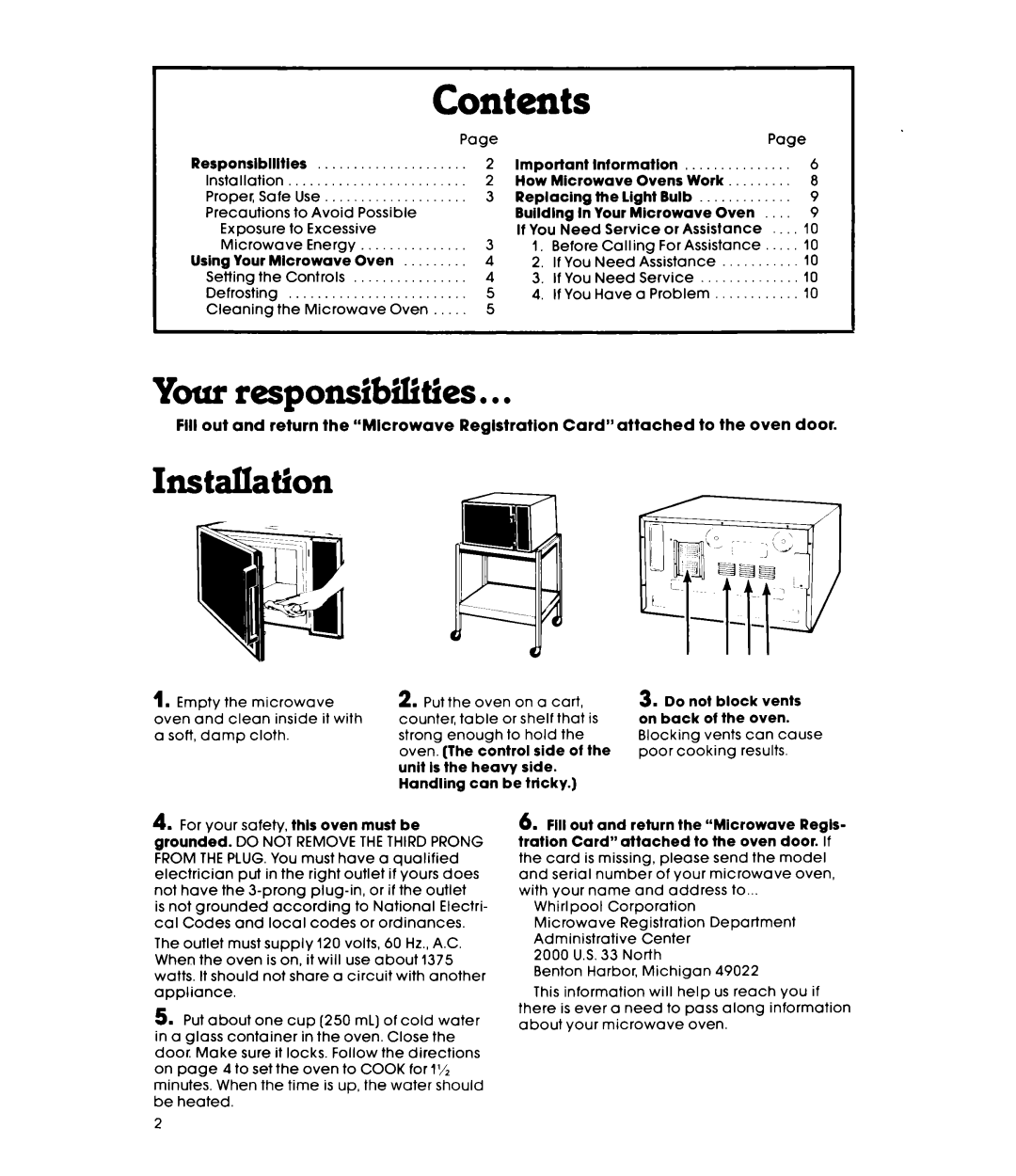 Whirlpool MW8100XL manual Contents 