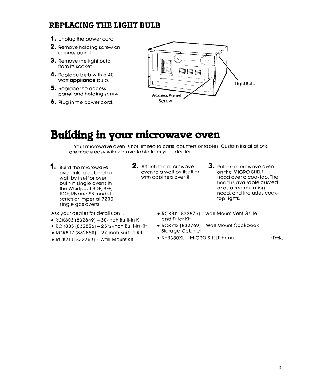 Whirlpool MW8100XL manual Building in your microwave oven, Rckbii 