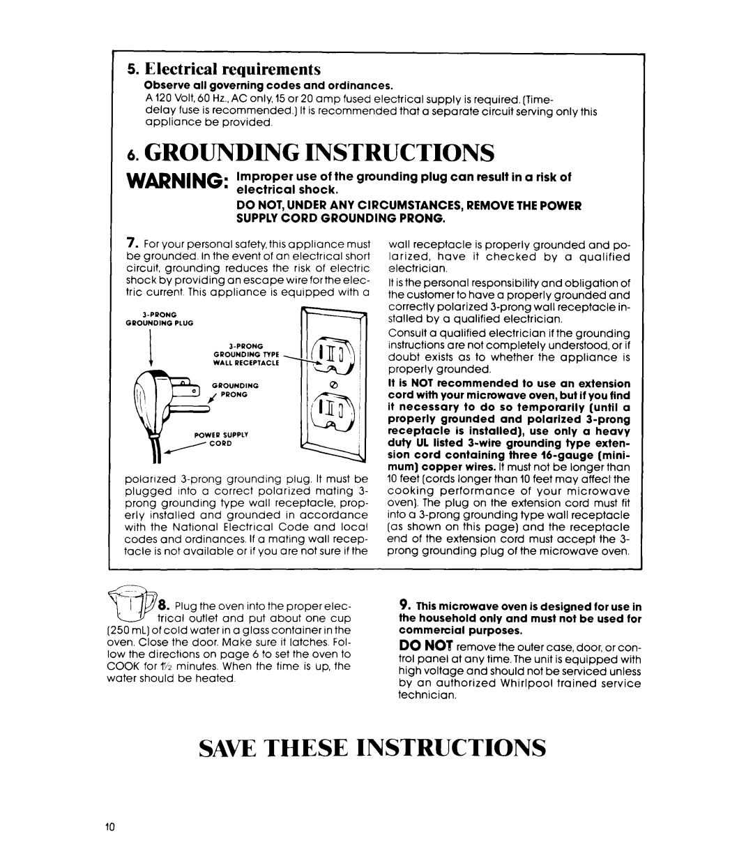 Whirlpool MW8100XR manual Grounding Instructions, Save These Instructions, Electrical requirements 