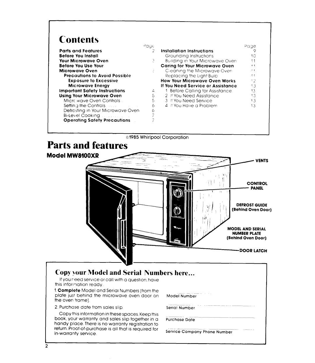 Whirlpool manual ContentsJogc, “uge, Parts and features, Copy Jour Model and Serial Numbers here, Model MW8100XR 