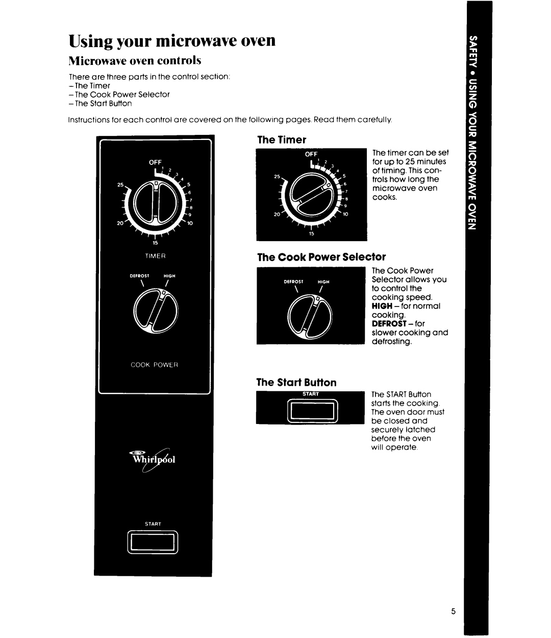Whirlpool MW8100XR manual Using your microwave oven, Microwave oven controls, The Cook Power Selector, The Start Button 