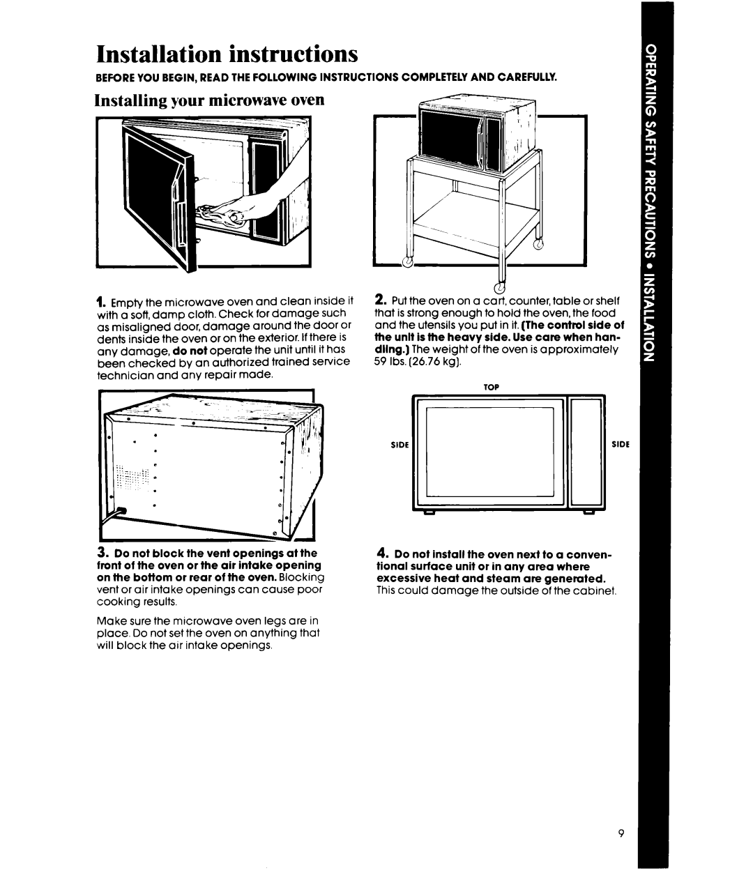 Whirlpool MW8100XR manual Installation instructions, Installing your microwave oven 