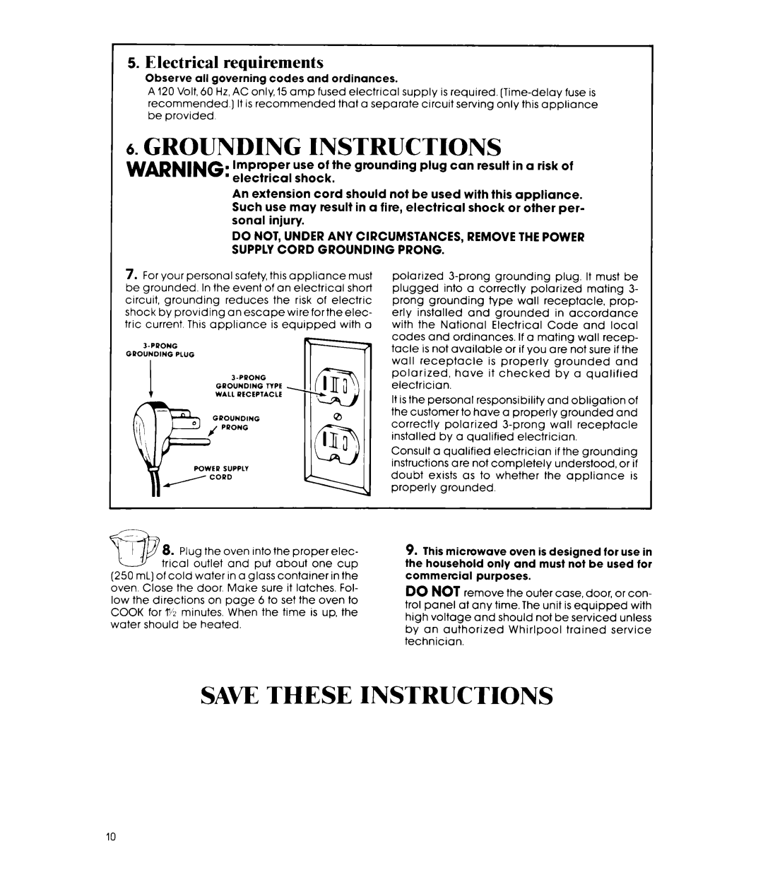 Whirlpool MW81OOXP manual Grounding Instructions, Electrical requirements 