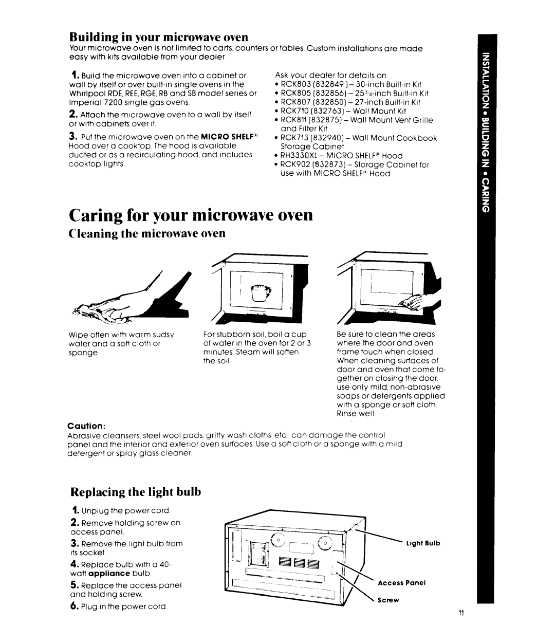 Whirlpool MW81OOXP manual Caring for your microwave oven, Building in your microwave oven, Cleaning the microwave oven 
