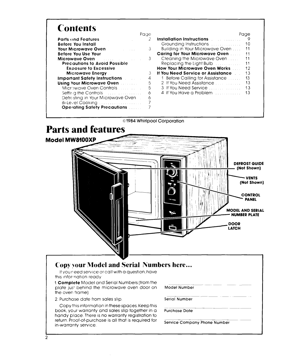 Whirlpool MW81OOXP manual Contents, Parts and features, Copy your Model and Serial Numbers here 
