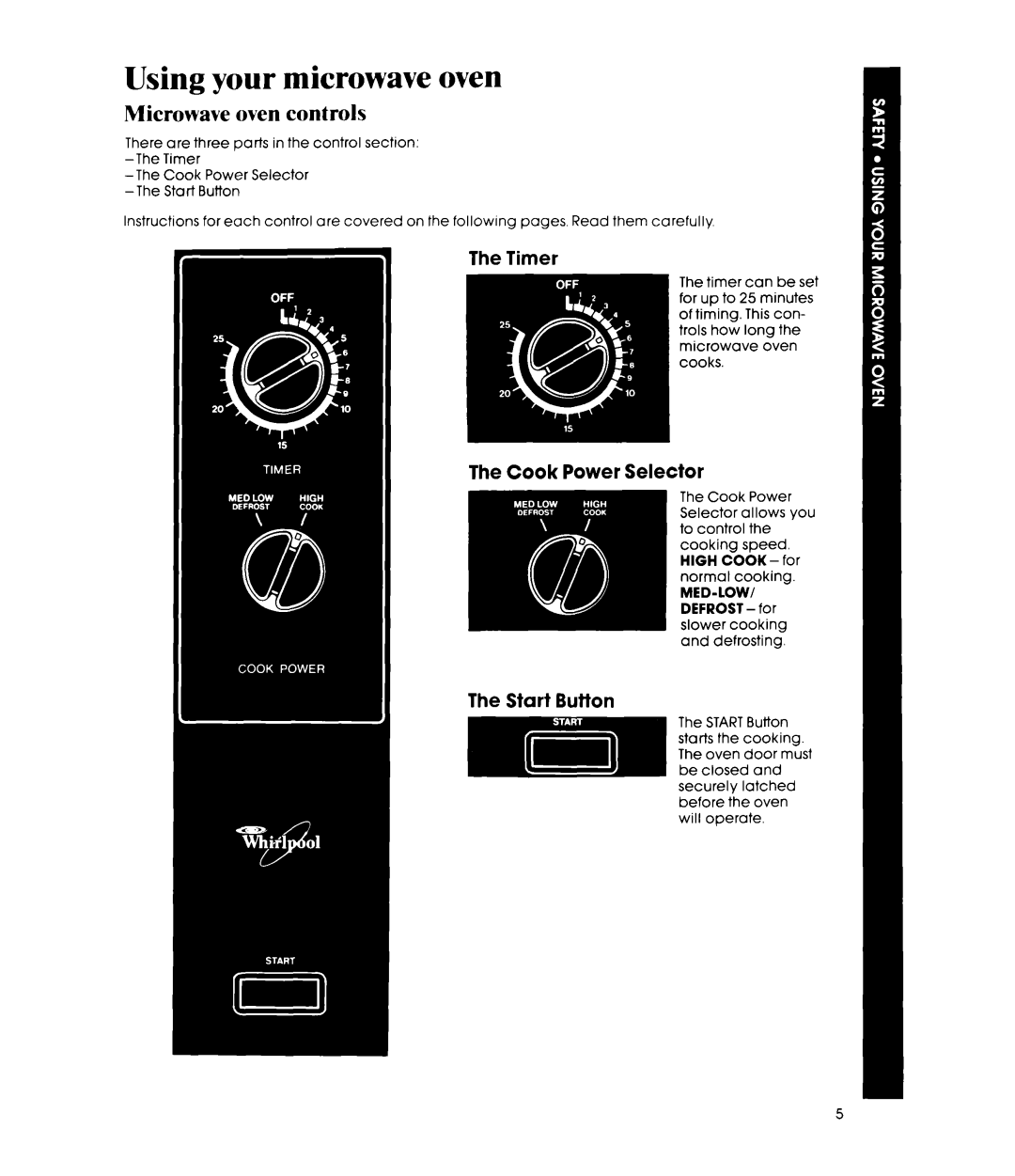 Whirlpool MW81OOXP manual Using your microwave oven, Microwave oven controls, The Cook Power Selector, The Start Button 