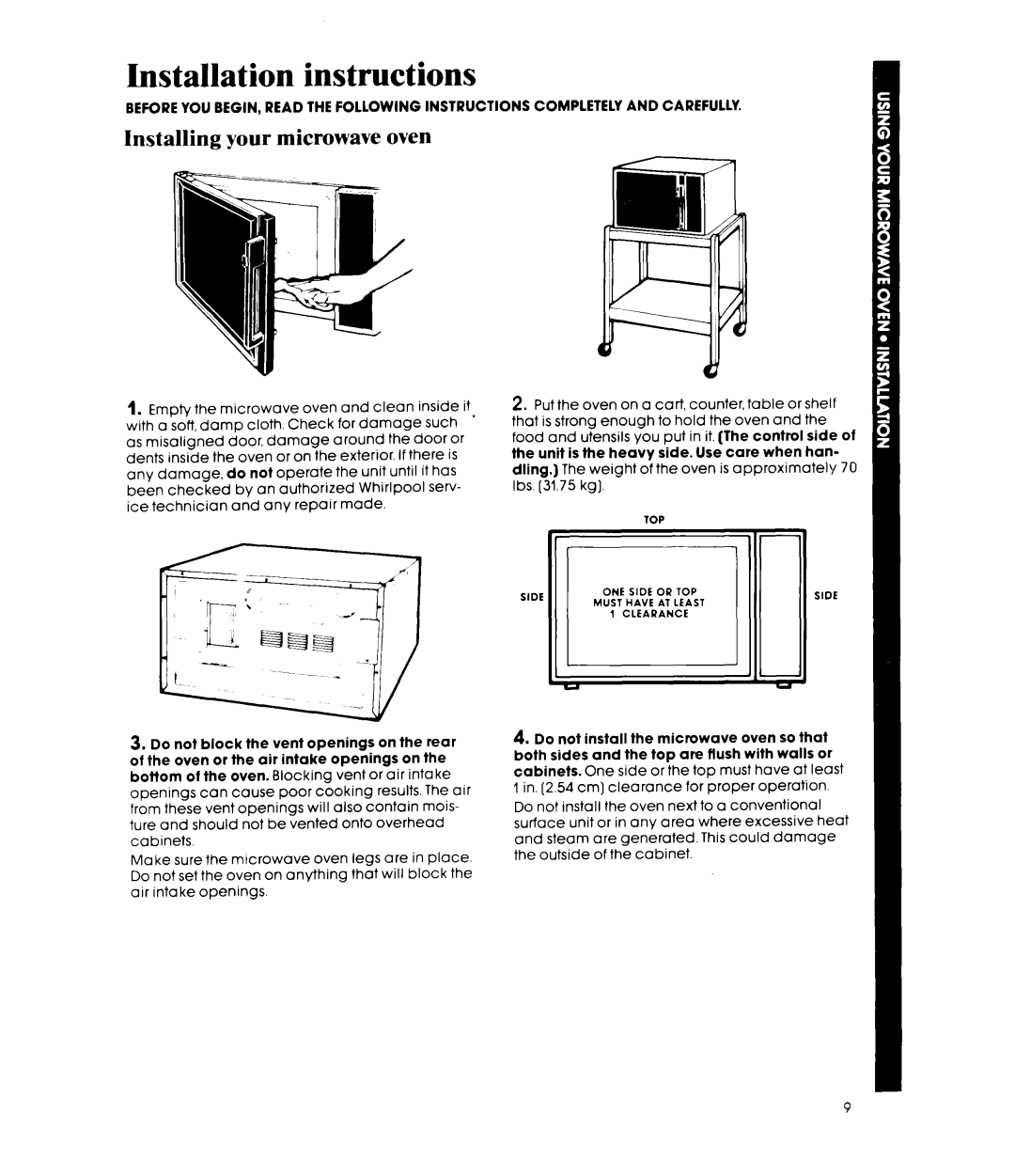 Whirlpool MW81OOXP manual Installing your microwave oven, Installation instructions 