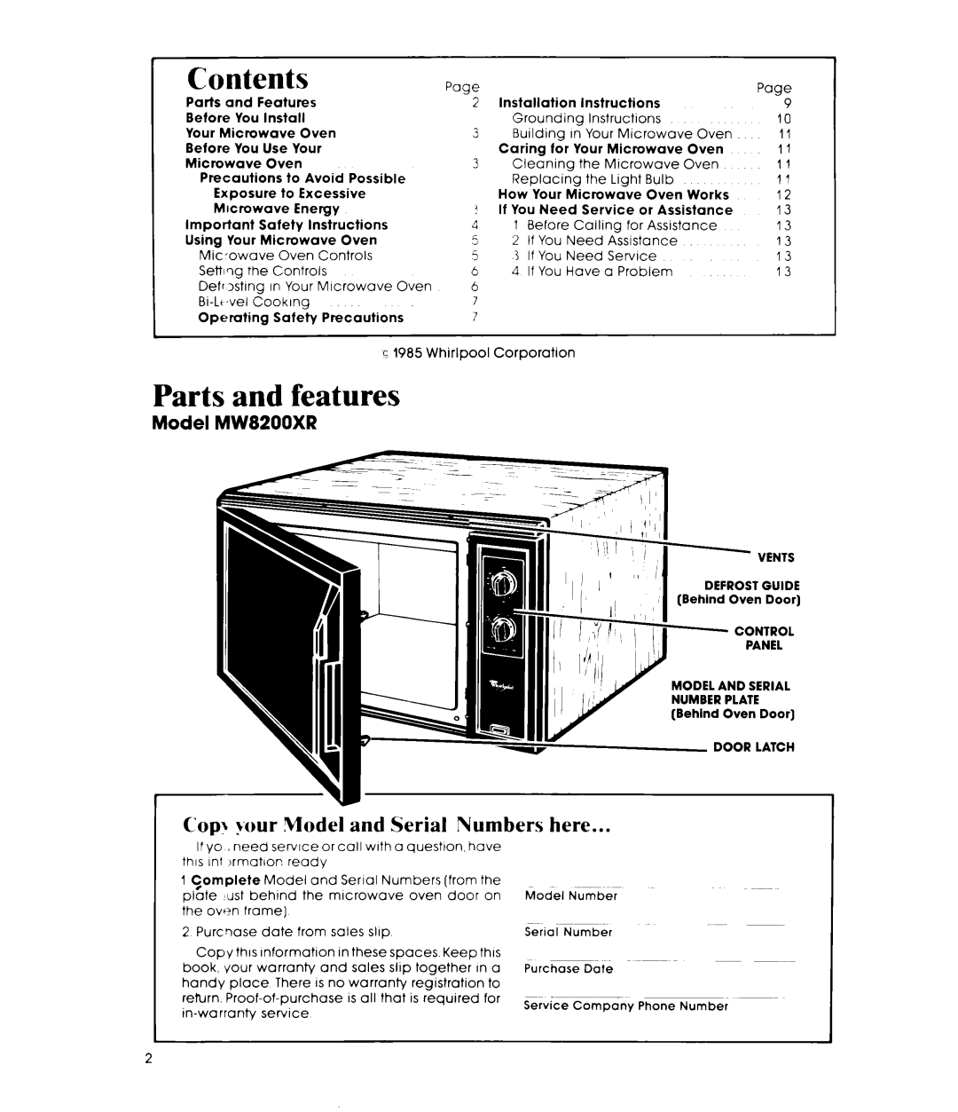 Whirlpool MW8200XR manual Contents, Parts and features 