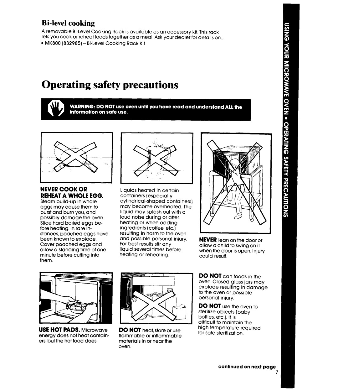 Whirlpool MW8200XR manual Operating safety precautions, Bi-level cooking, Usehot PADS. Microwave 