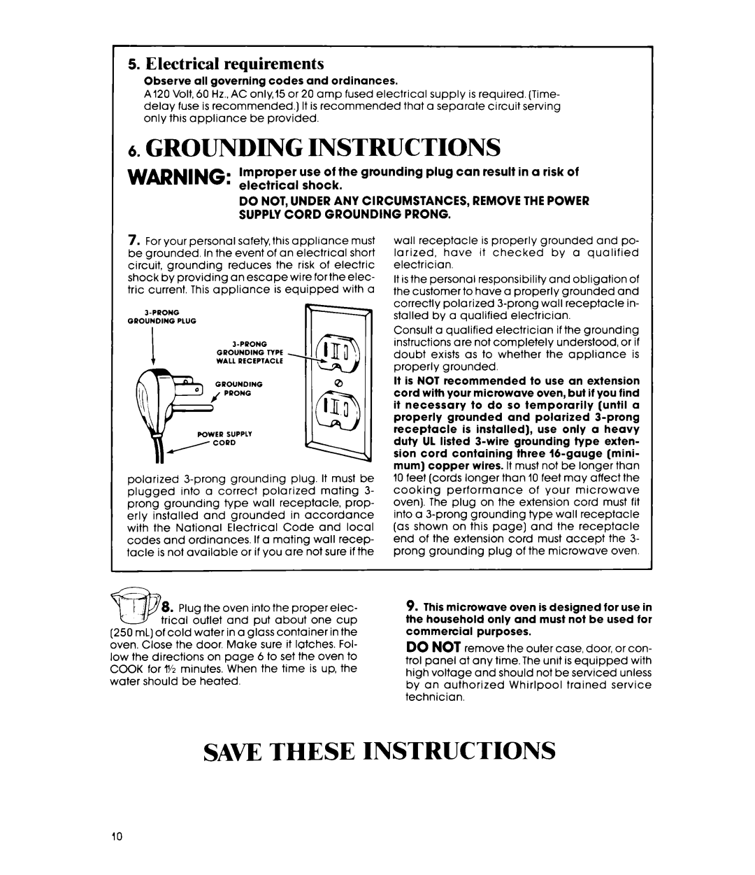 Whirlpool MW8200XR manual Grounding Instructions, Save These Instructions, Electrical requirements 
