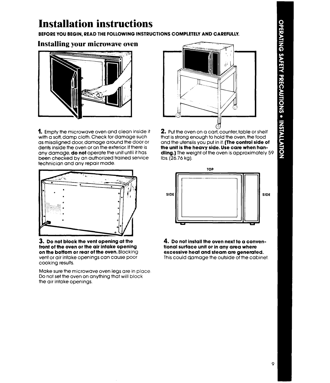 Whirlpool MW8200XR manual Installation instructions, Installing your microwave oven 