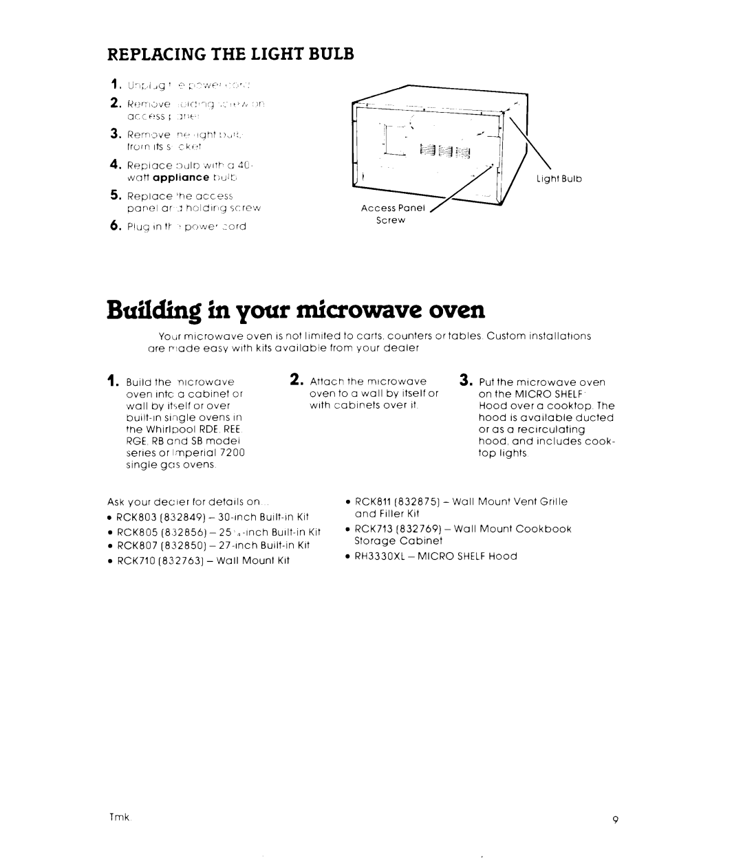 Whirlpool MW82OOXL manual Building in your microwave oven, Replacing The Light Bulb 