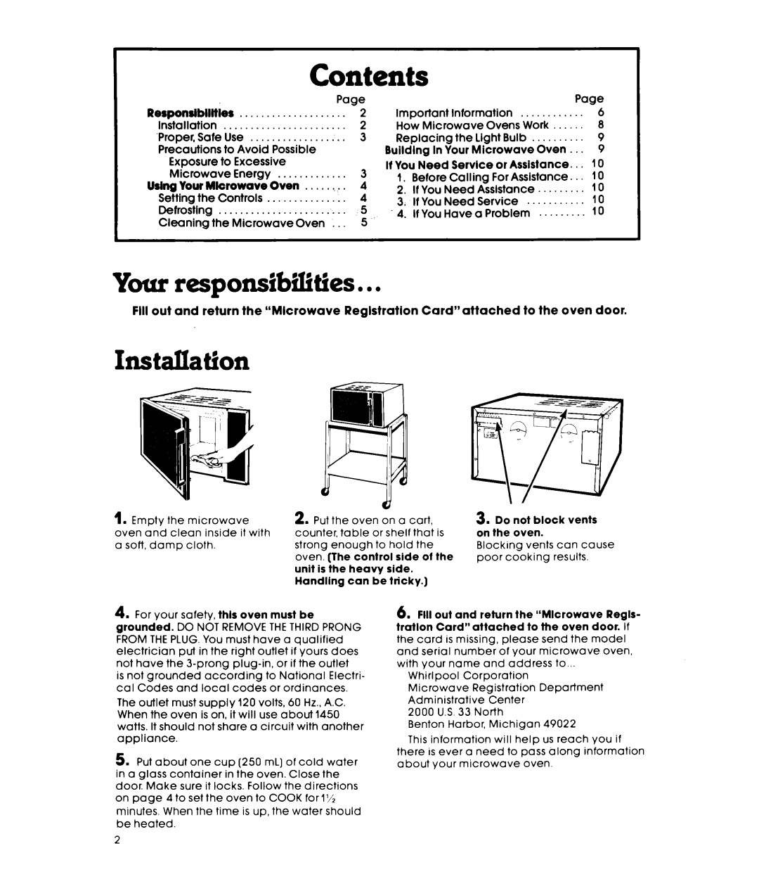 Whirlpool MW82OOXL1 warranty Contents 