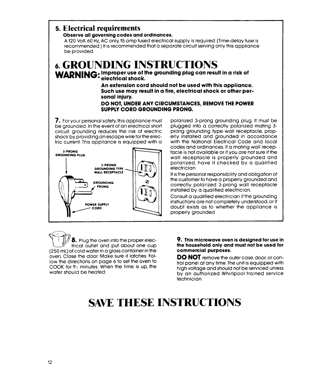 Whirlpool MW8300XP manual Grounding Instructions, Electrical requirements 