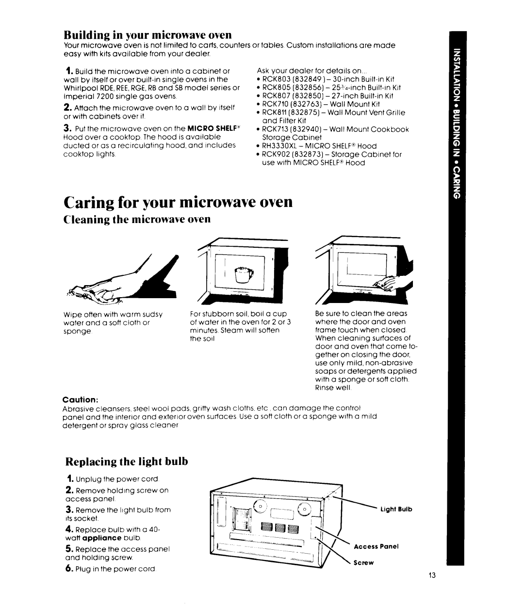 Whirlpool MW8300XP manual Caring for your microwave oven, Building in your microwave oven, Cleaning the microwave oven 