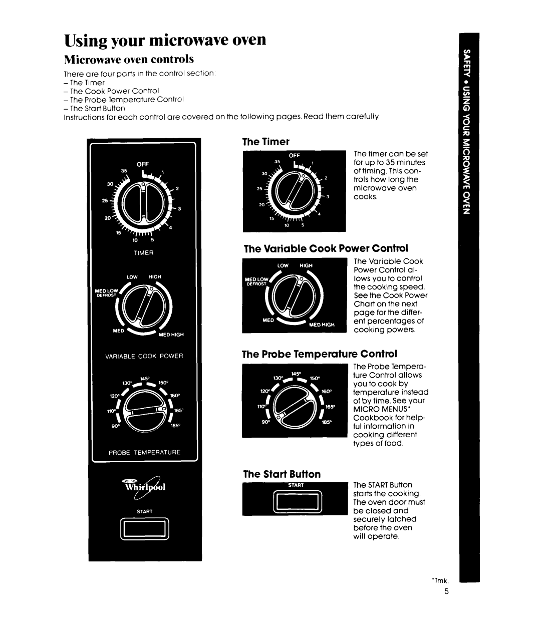 Whirlpool MW8300XP manual Using your microwave oven, Microwave oven controls, Probe Temperature Control, Start Button 