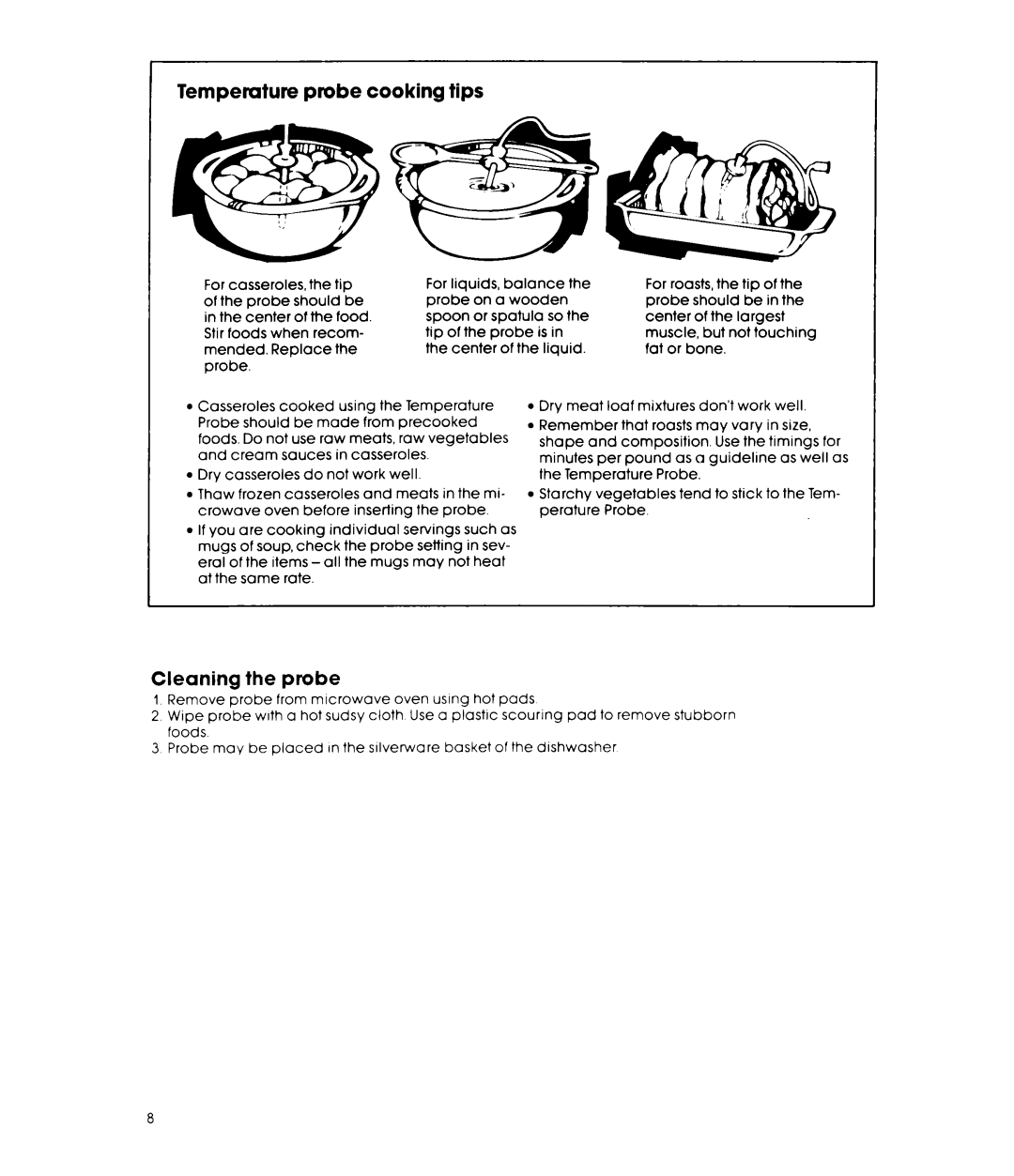 Whirlpool MW8300XP manual Temperature probe cooking tips, Cleaning the probe 