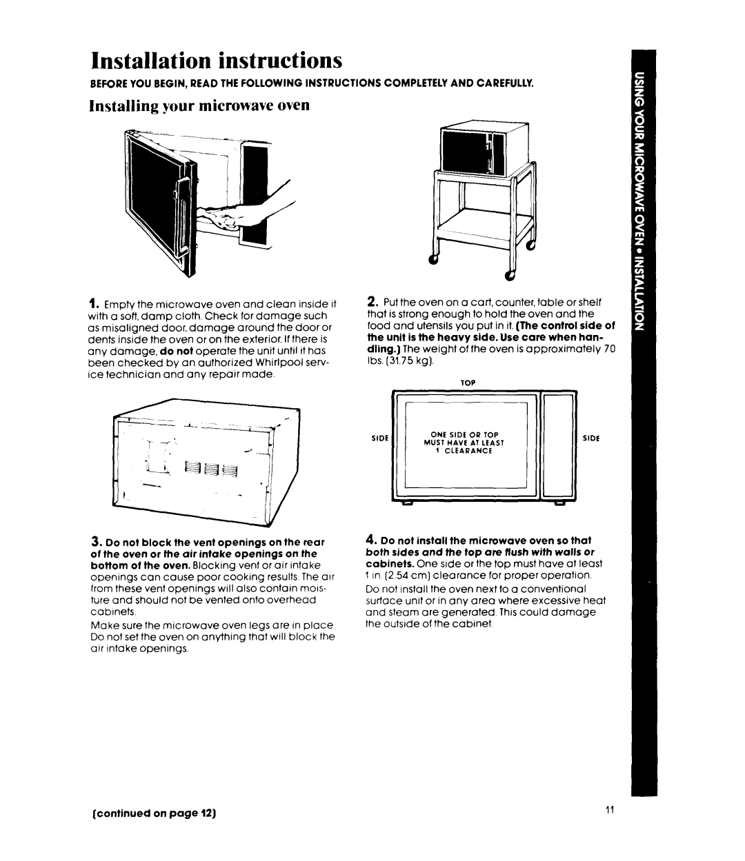 Whirlpool MW8300XP manual installation instructions, Installing your microwave oven 