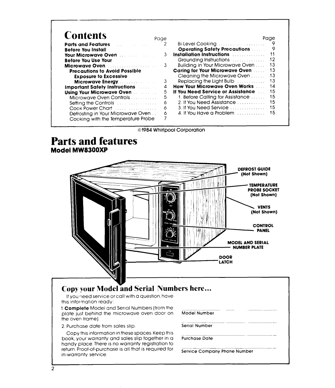 Whirlpool manual Contents, Parts and features, Copy your Model and Serial Numbers here, Model MW8300XP, Pace 