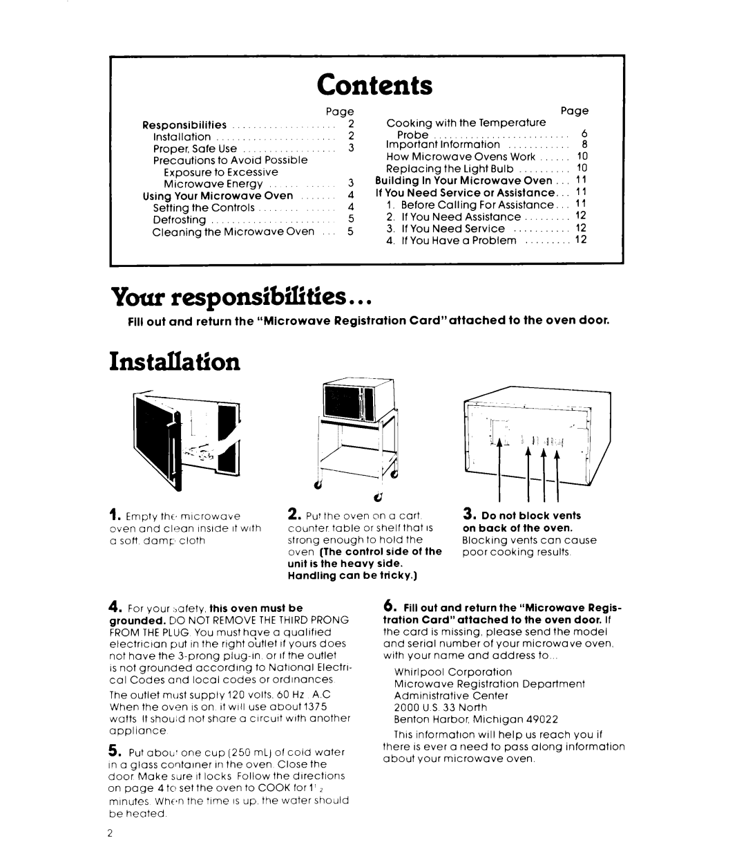 Whirlpool MW83OOXL warranty Contents 