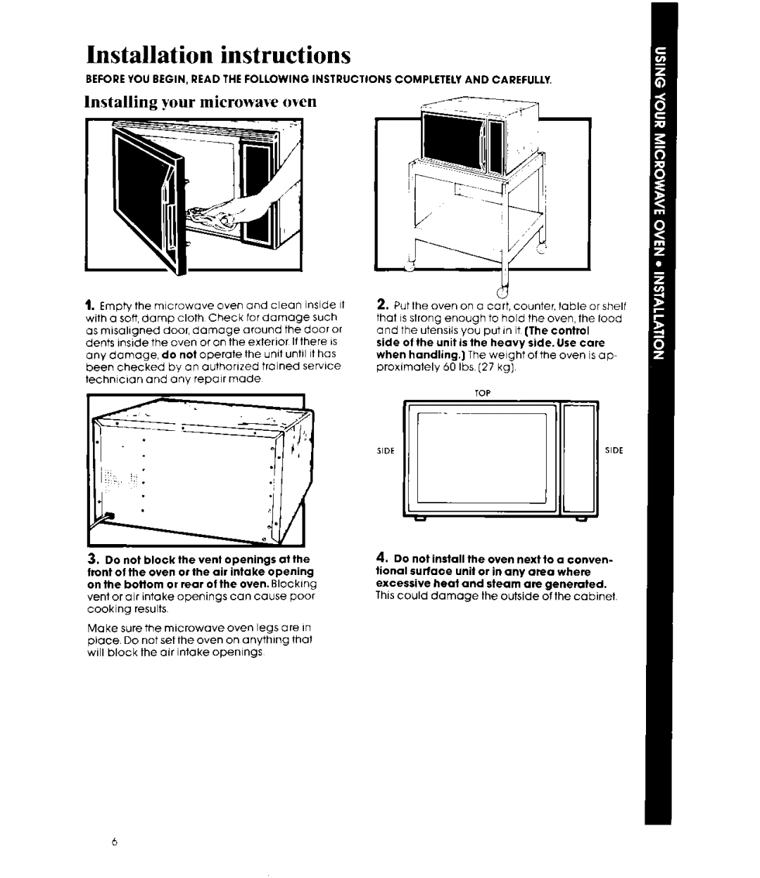 Whirlpool MW8400XR, MW840EXR manual Installation instructions, Installing your microwave oven 