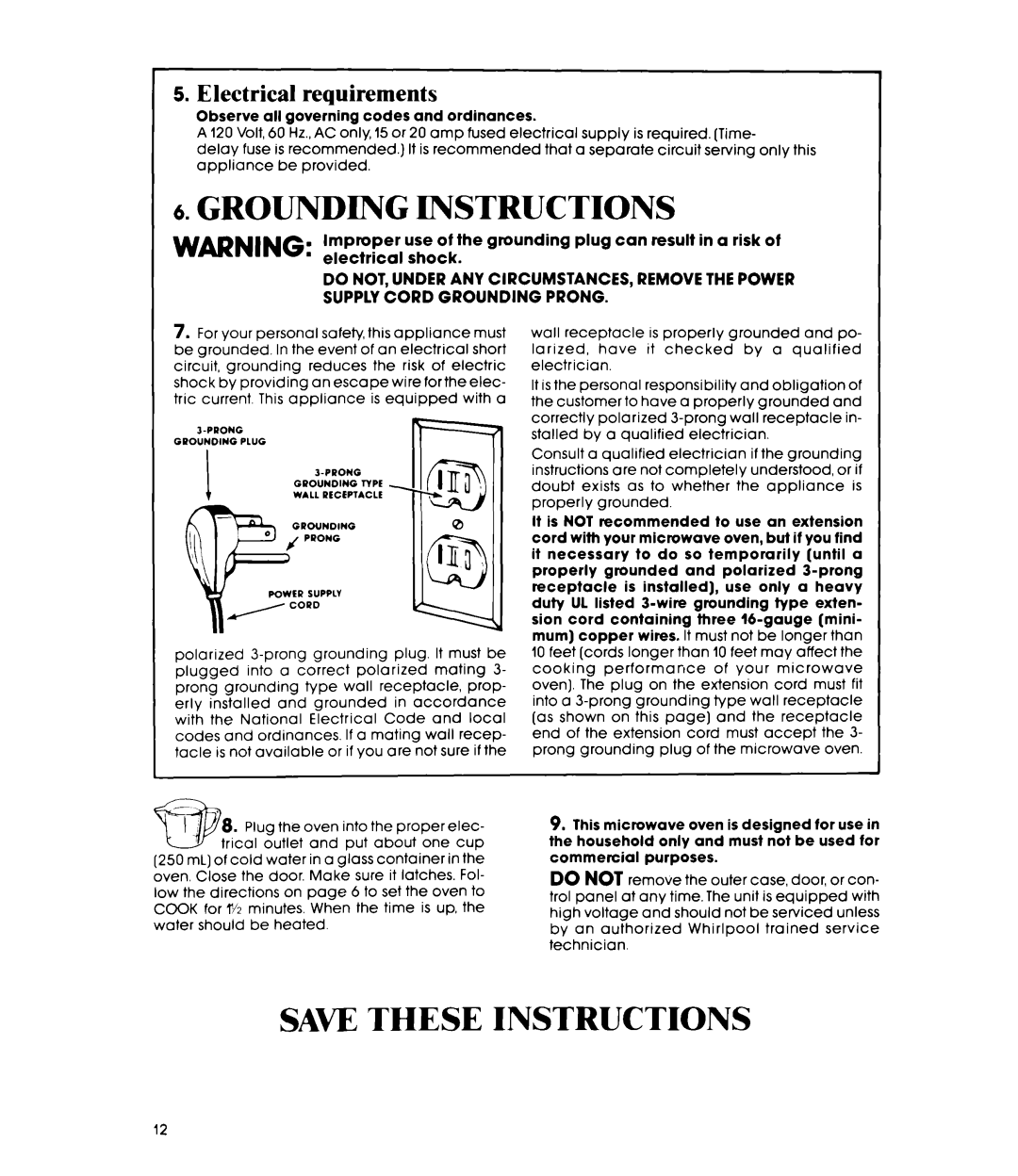 Whirlpool MW840EXR, MW8400XR manual Grounding Instructions, Electrical requirements 