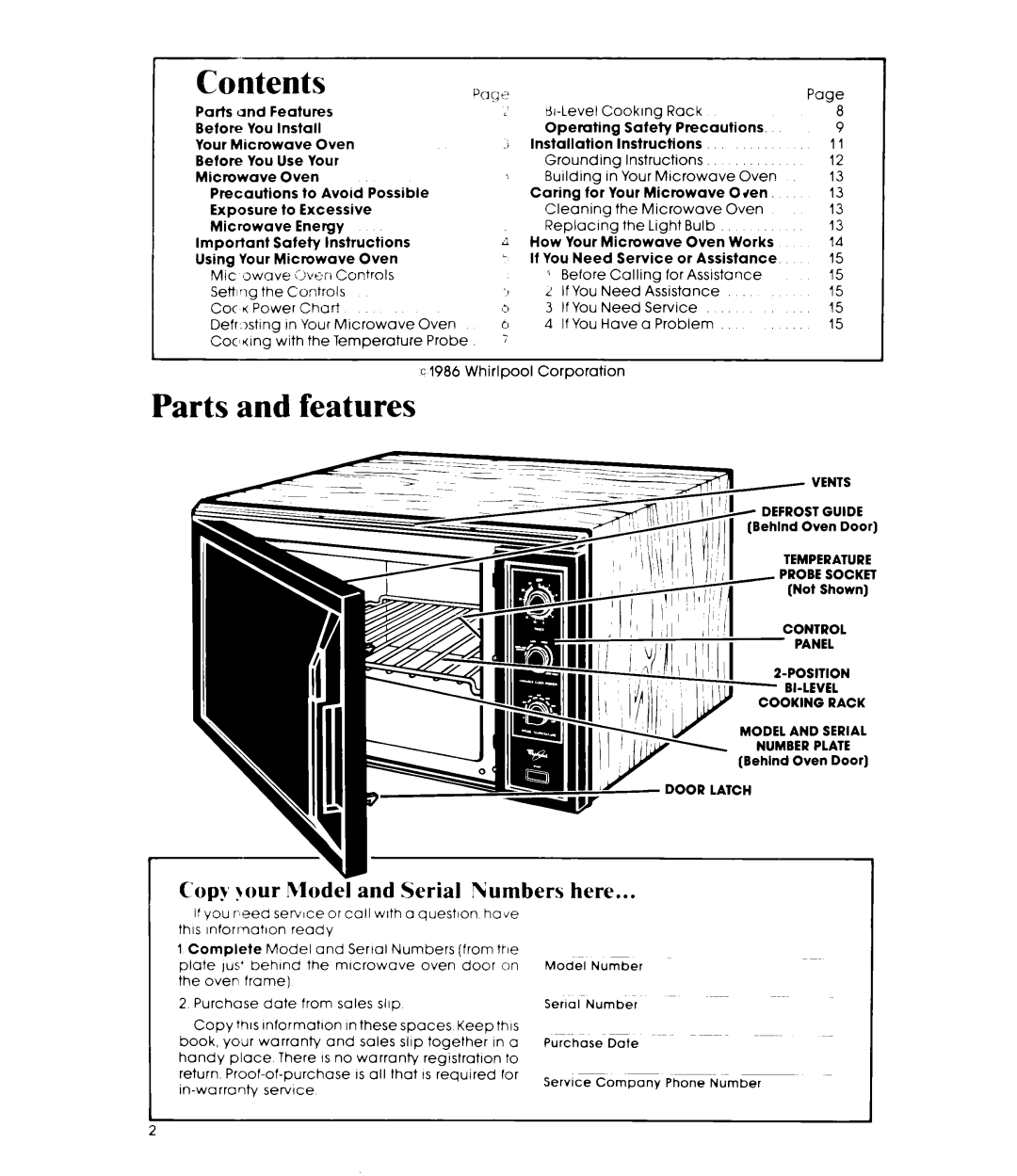 Whirlpool MW840EXR, MW8400XR manual Contents, Aqe, Parts and features 