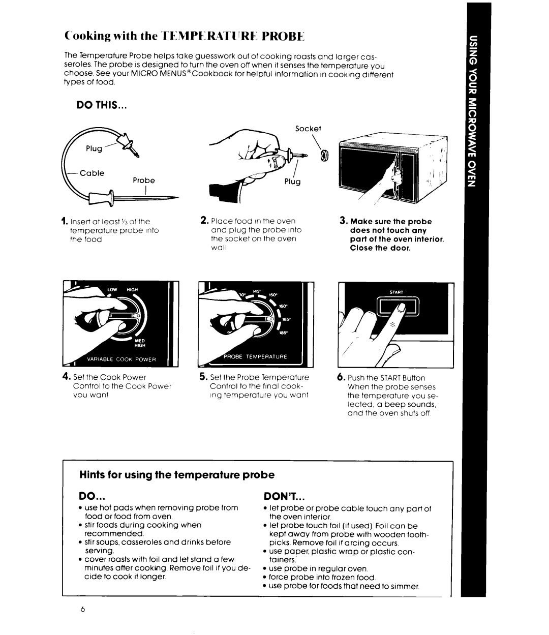 Whirlpool MW8400XR, MW840EXR manual Hints for using the temperature probe, Don’T 