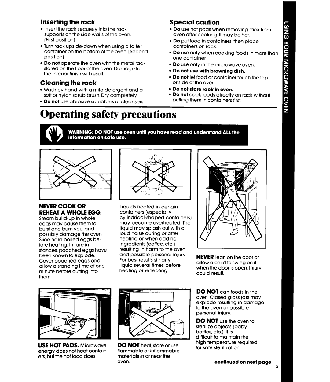 Whirlpool MW8400XR, MW840EXR manual Operating safety precautions, Inserting the rack, Cleaning the tuck, Special caution 