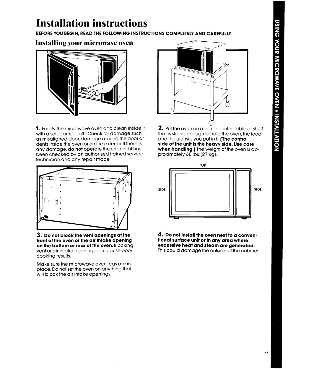 Whirlpool MW8400XR, MW840EXR manual Installation instructions, Installing your microwave oven 