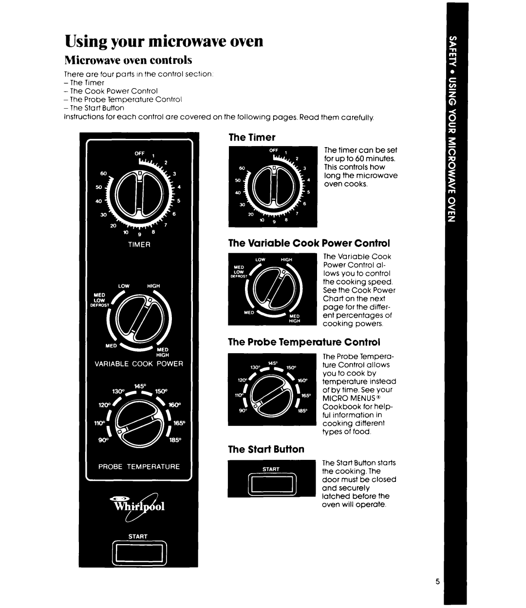 Whirlpool MW8400XR Using your microwave oven, Microwave oven controls, The Variable Cook Power Control, The Start Button 