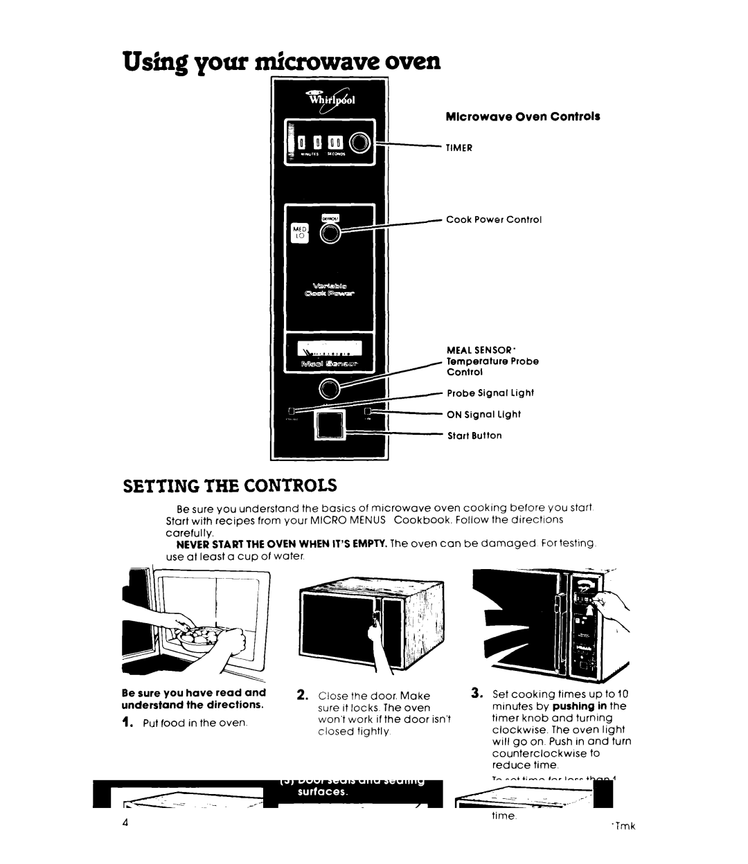 Whirlpool MW8450XL, MW8400XL warranty Microwave oven, Setting the Controls, Mlcrowave Oven Controls, Timer, Meal SENSOR’ 