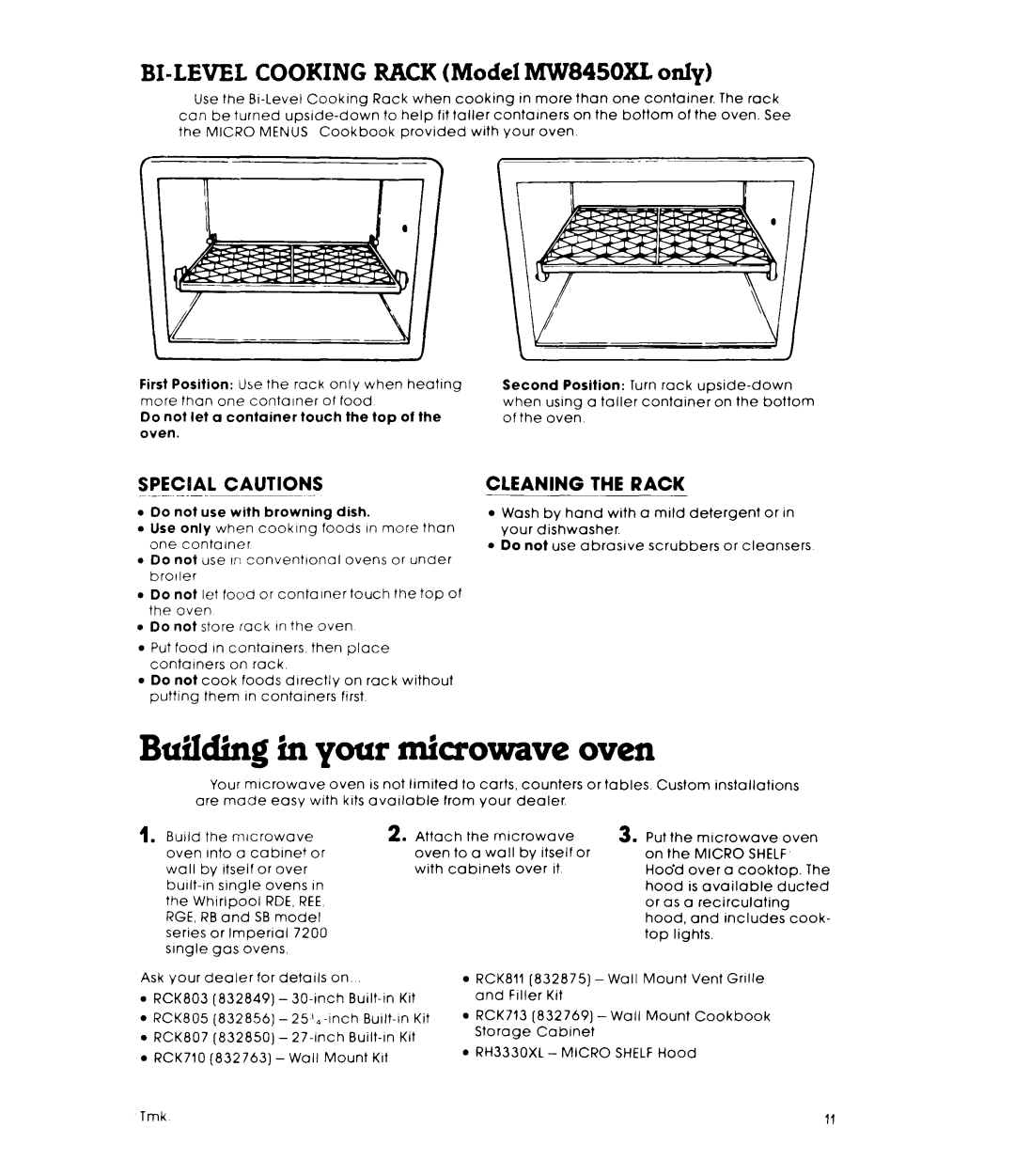 Whirlpool MW8400XL, MW8450XL Building in your miaowave oven, BI-LEVELCOOKING RACK Model MW845OXL only, Special Cautions 