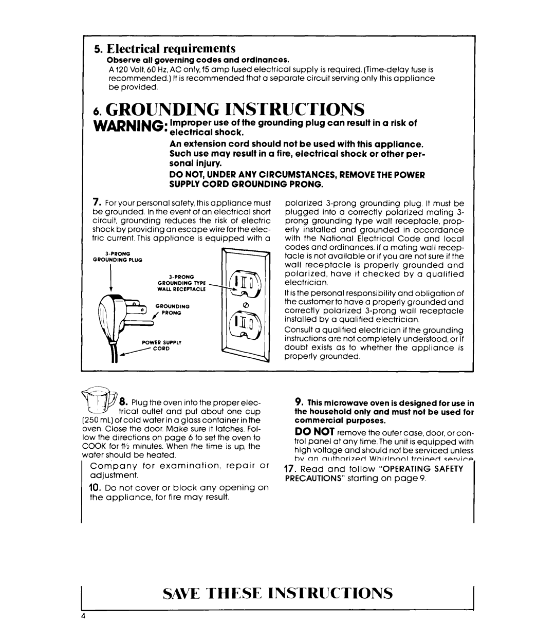 Whirlpool MW8450XP manual Grounding Instructions, Electrical requirements 