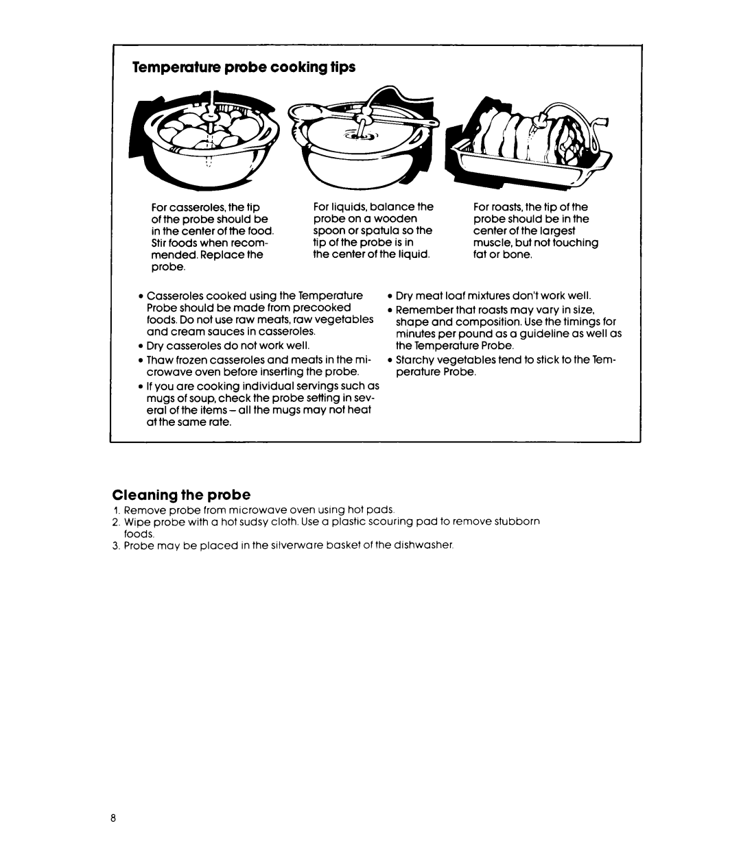 Whirlpool MW8450XP manual Temperature probe cooking tips, Cleaning the probe 