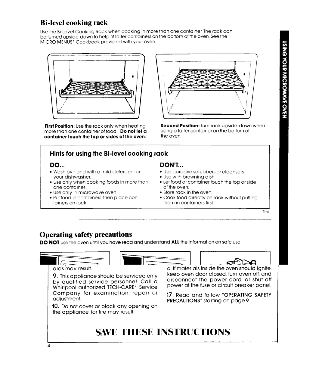 Whirlpool MW8450XP Bi-level cooking rack, Operating safety precautions, Hints for using the Bi-level cooking, Rack DON’T 