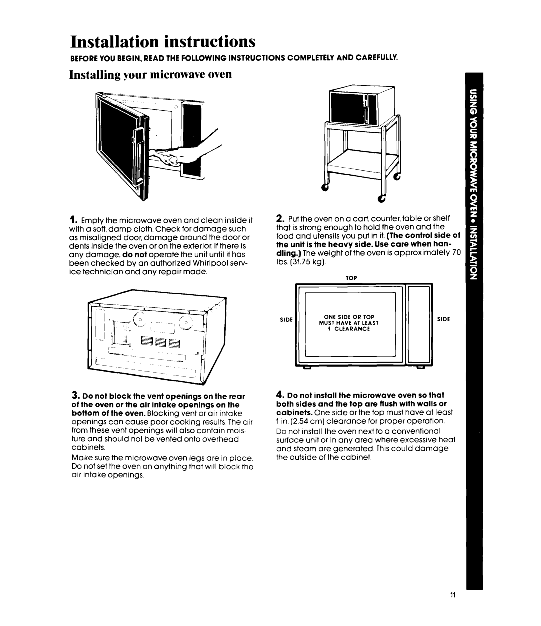 Whirlpool MW8450XP manual Installation instructions, Installing your microwave oven 