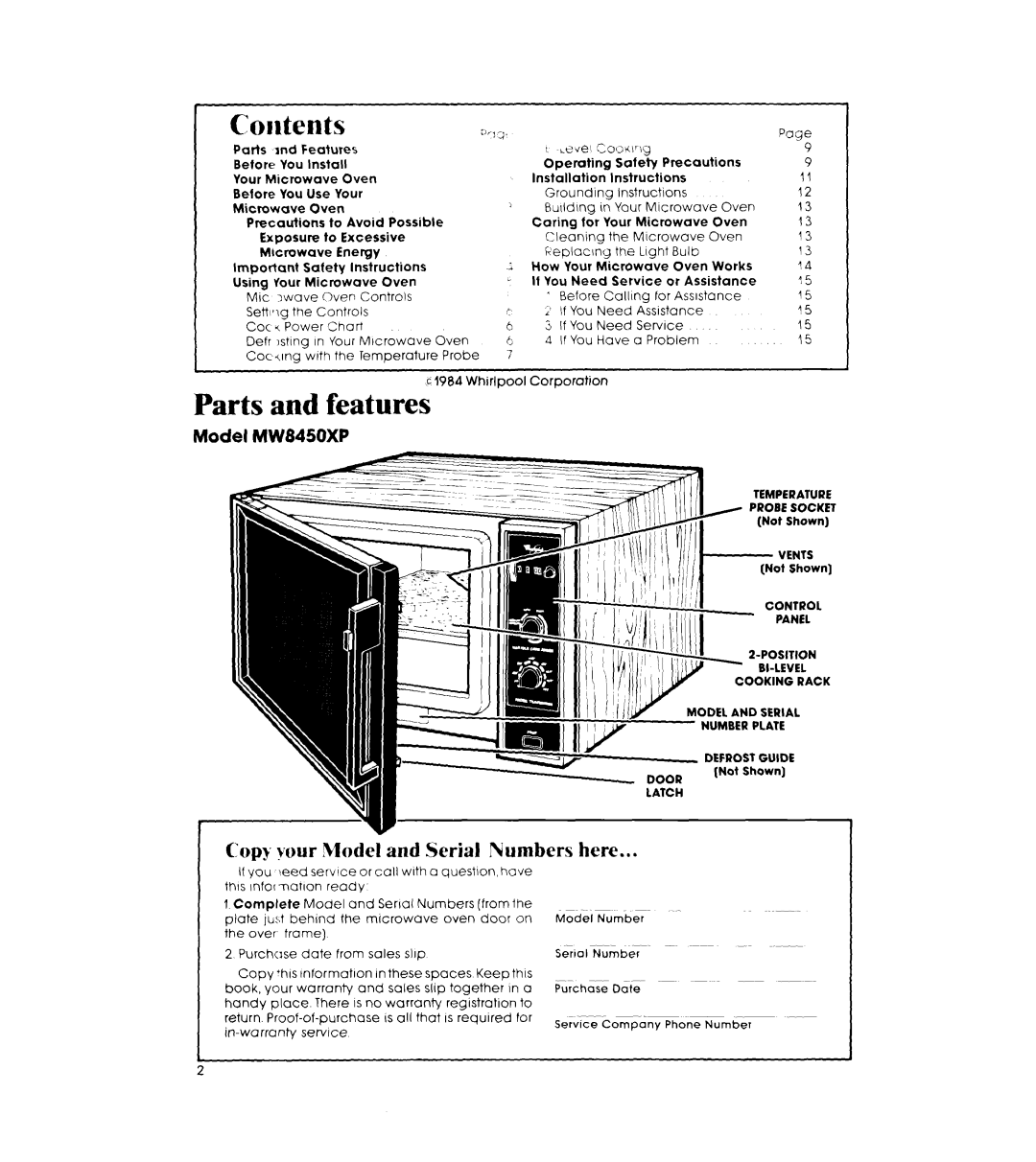 Whirlpool manual Contents, Parts, Copy your ,ModeI and Serial Numbers here, Model MW8450XP, and features 